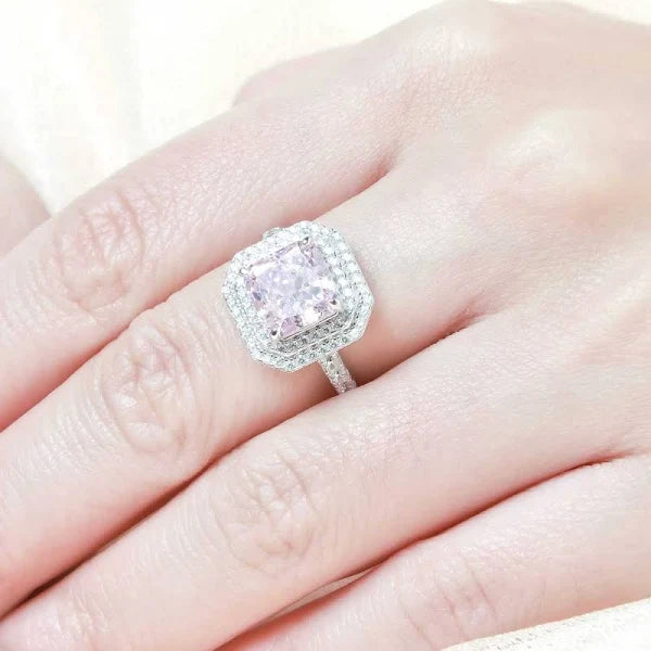 Custom made 3ct Cushion cut pink lab grown diamond double halo half eternity ring